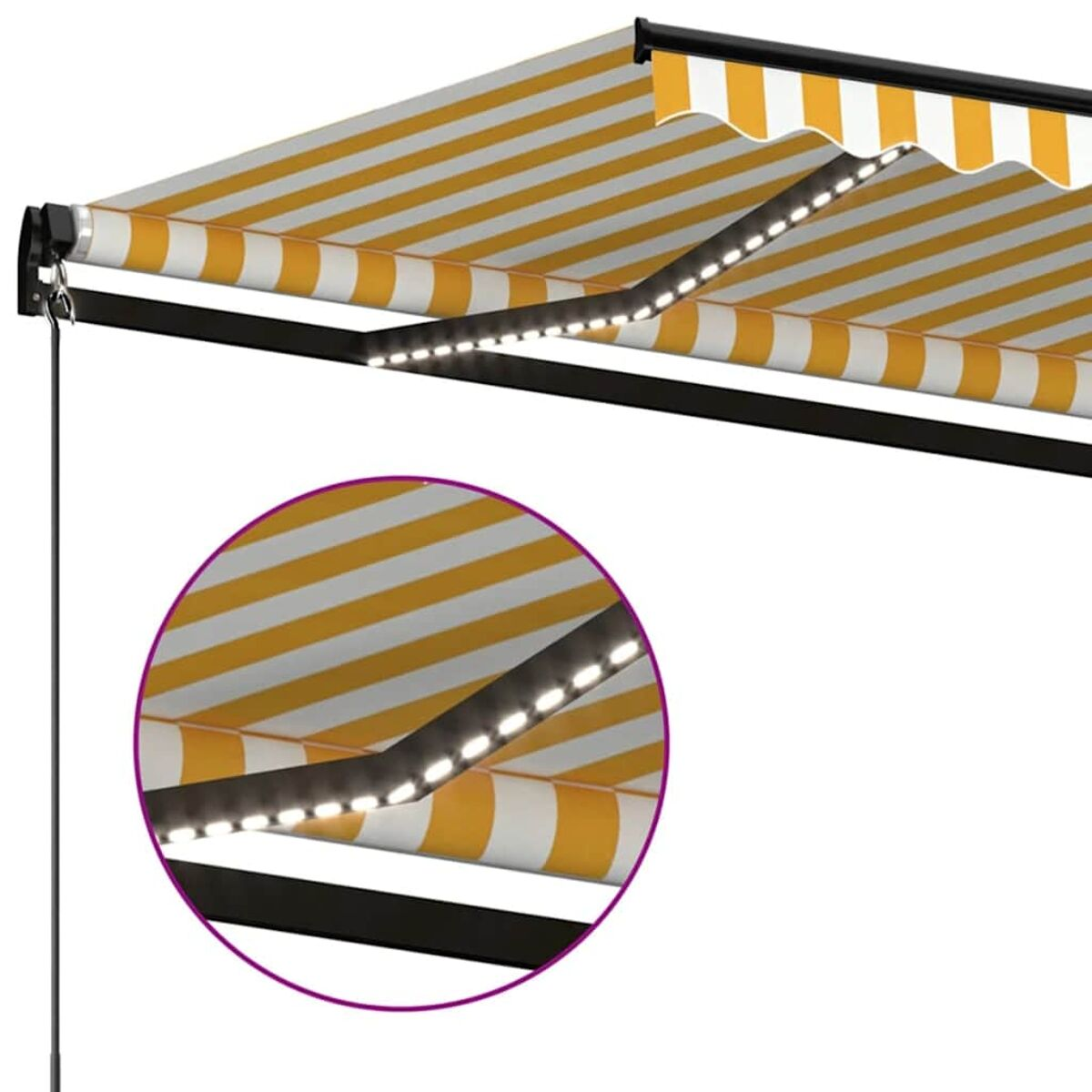 Gestreifte gelb-weiße Markise mit LED-Leuchten. Weißer Hintergrund. Nahaufnahme der LEDs.