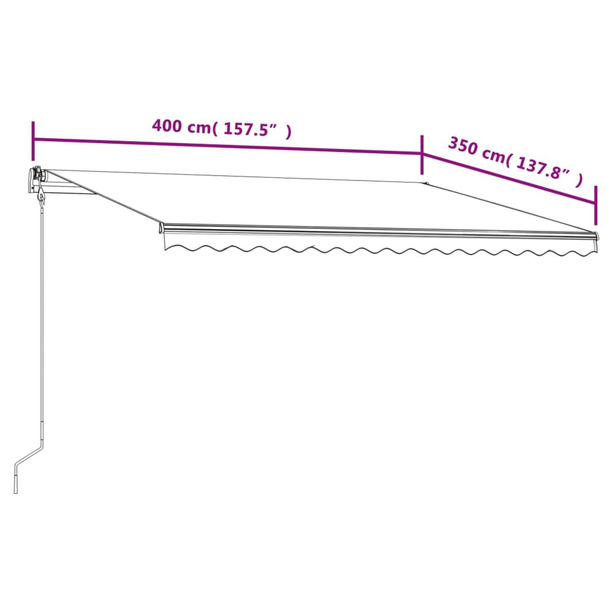 Markisenabmessungen: 400 cm (157,5") breit und 350 cm (137,8") tief, auf weißem Hintergrund.