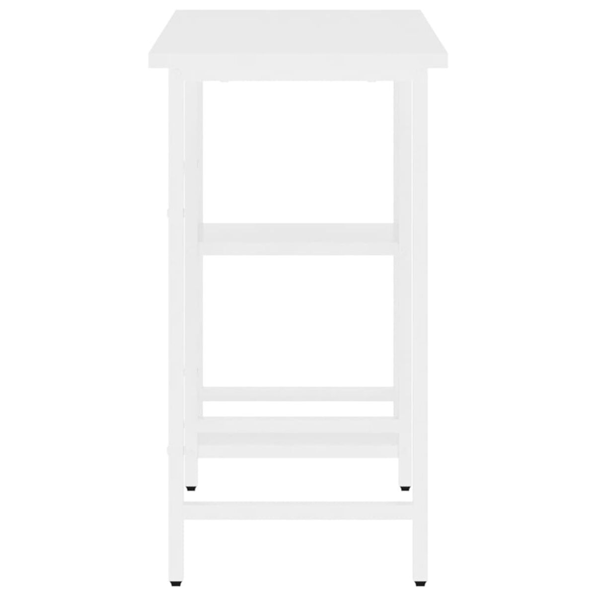 Ein weißer Outdoor-Bartisch mit minimalistischem Design und zwei Regalen.