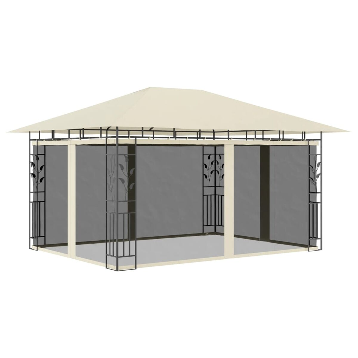 Beiger Pavillon mit hellfarbigem Dach und schwarzem Schmiedeeisendesign an den Seiten.