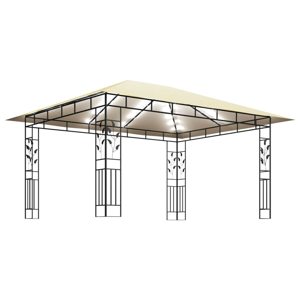 Beiger Pavillon mit schwarzem Metallrahmen und Blattdetails auf weißem Hintergrund.