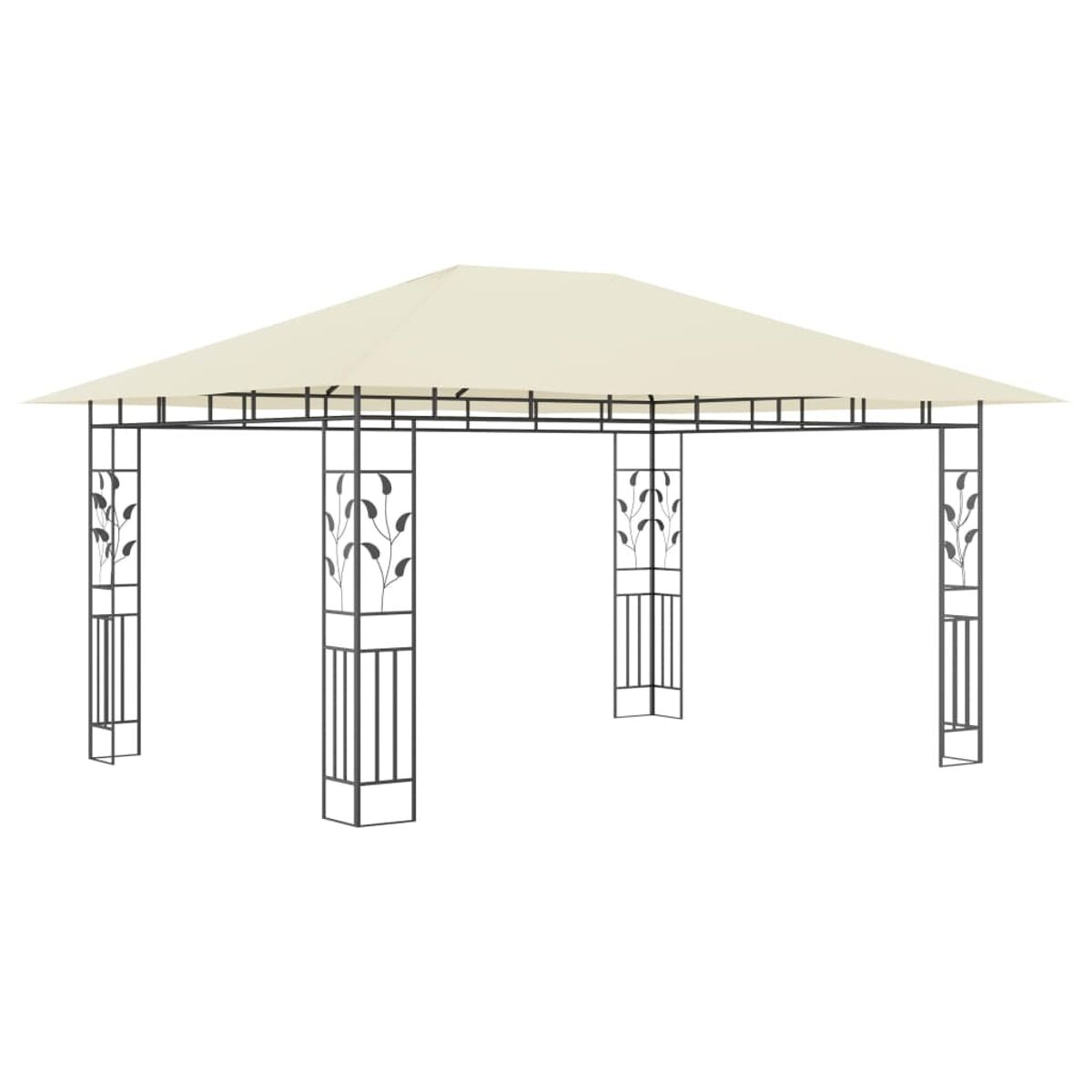 Beiger Pavillon mit schwarzem Rahmen, zeltartigem Dach.