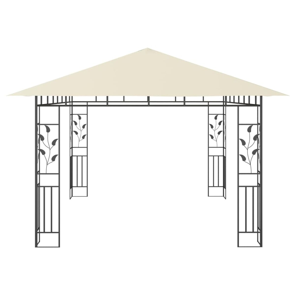 Ein schwarzer Metallpavillon mit beigem Dach und dekorativen Blattausschnitten. Er steht vor weißem Hintergrund.