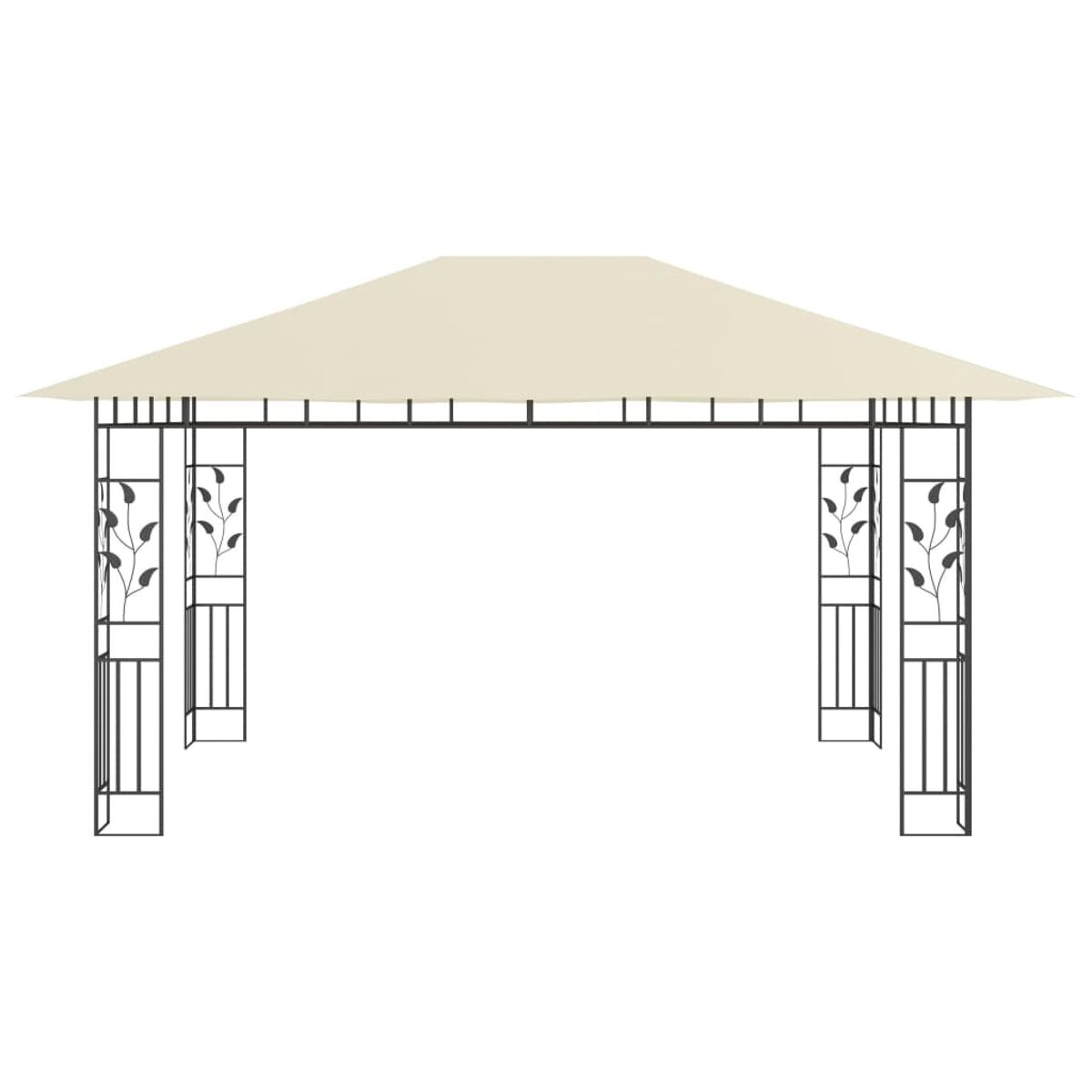 Ein beigefarbener Pavillon mit schwarzem Rahmen und Blattdesign, auf weißem Hintergrund.