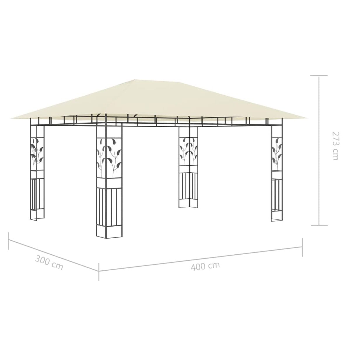Beiger Pavillon mit dekorativen Stützbalken. Abmessungen des Pavillons werden gezeigt.