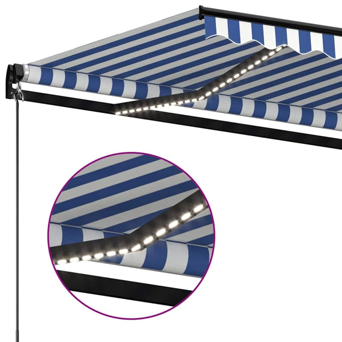 Blau-weiß gestreifte Markise mit LED-Leuchten. Schwarzer Rahmen. Nahaufnahme der LEDs.