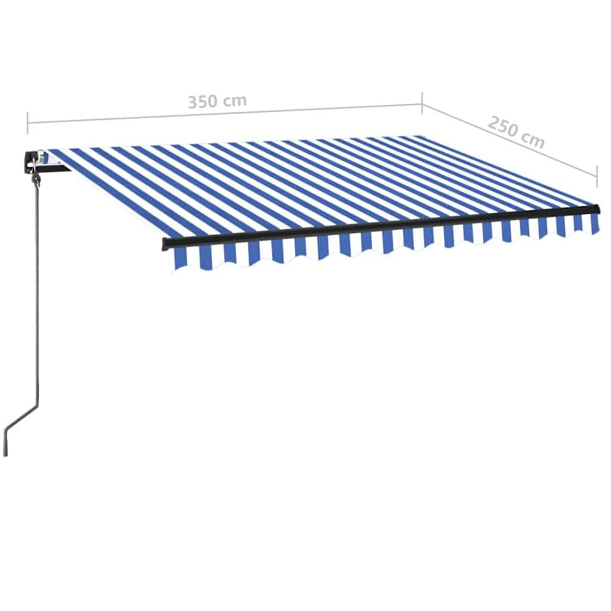 Blau-weiß gestreifte Markise mit den Maßen 350 cm x 250 cm.
