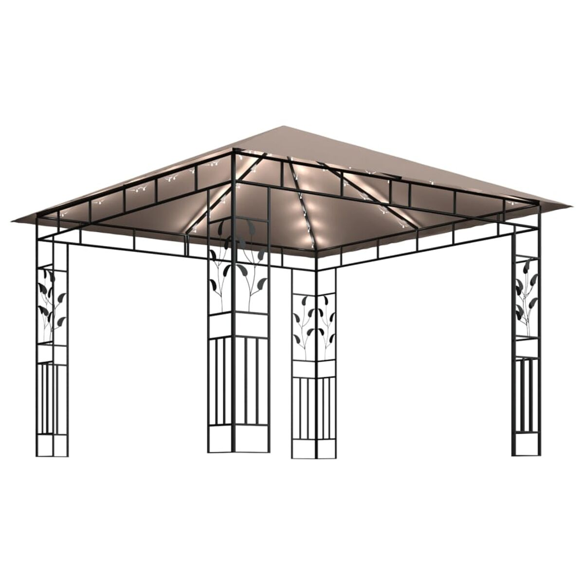 Pavillon mit braunem Dach, schwarzem Rahmen und Säulen mit Blattdesign.