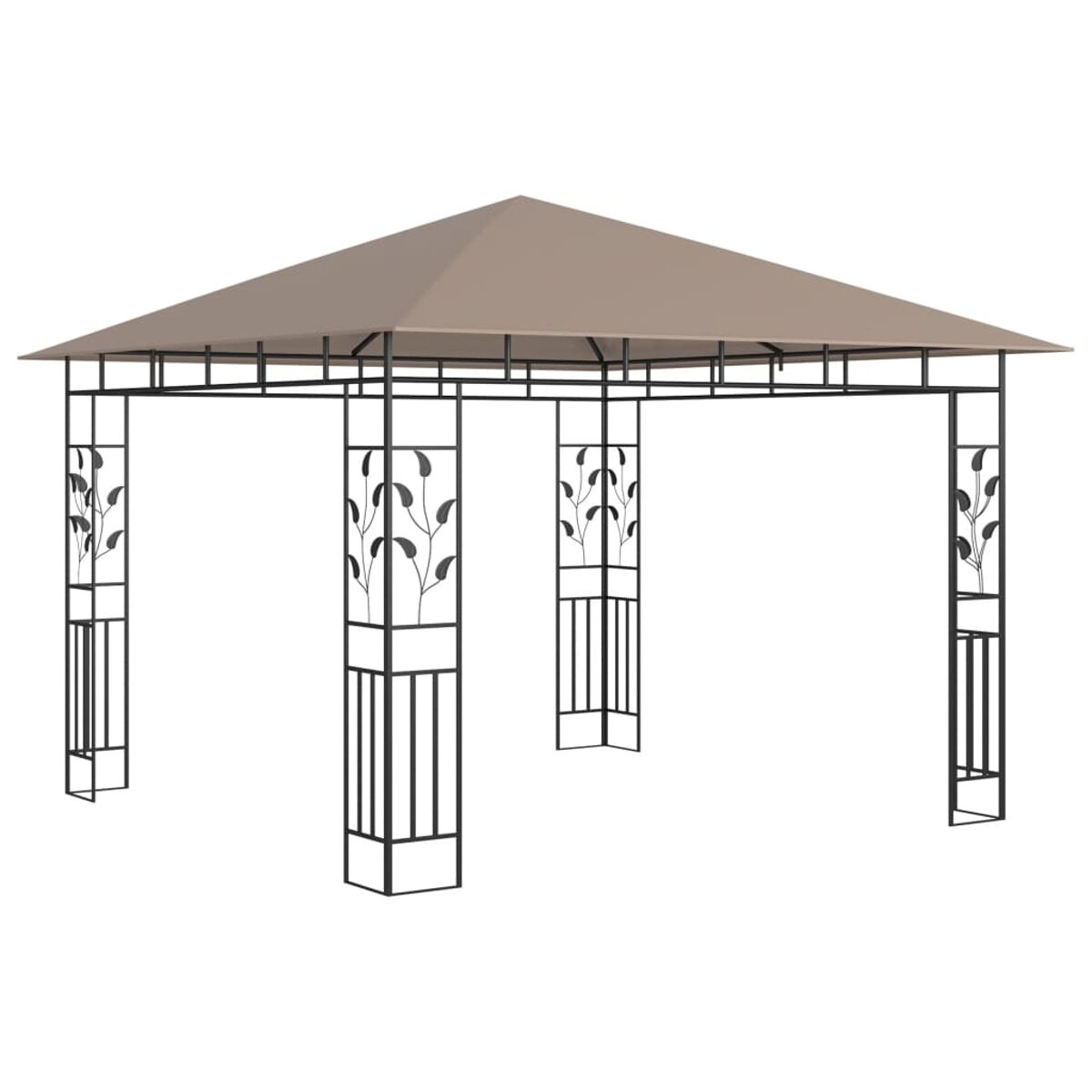 Pavillon mit braunem Baldachin und schwarzem Rahmen. Weißer Hintergrund.