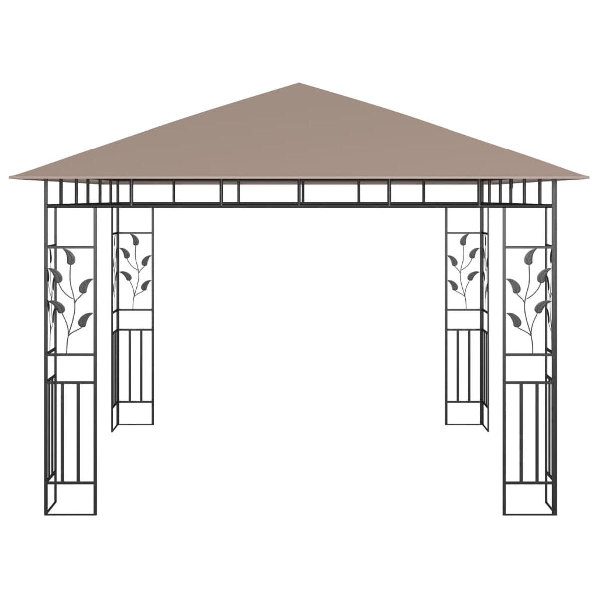Ein Metallpavillon mit braunem Dach, schwarzem Rahmen und dekorativen Blattdetails.