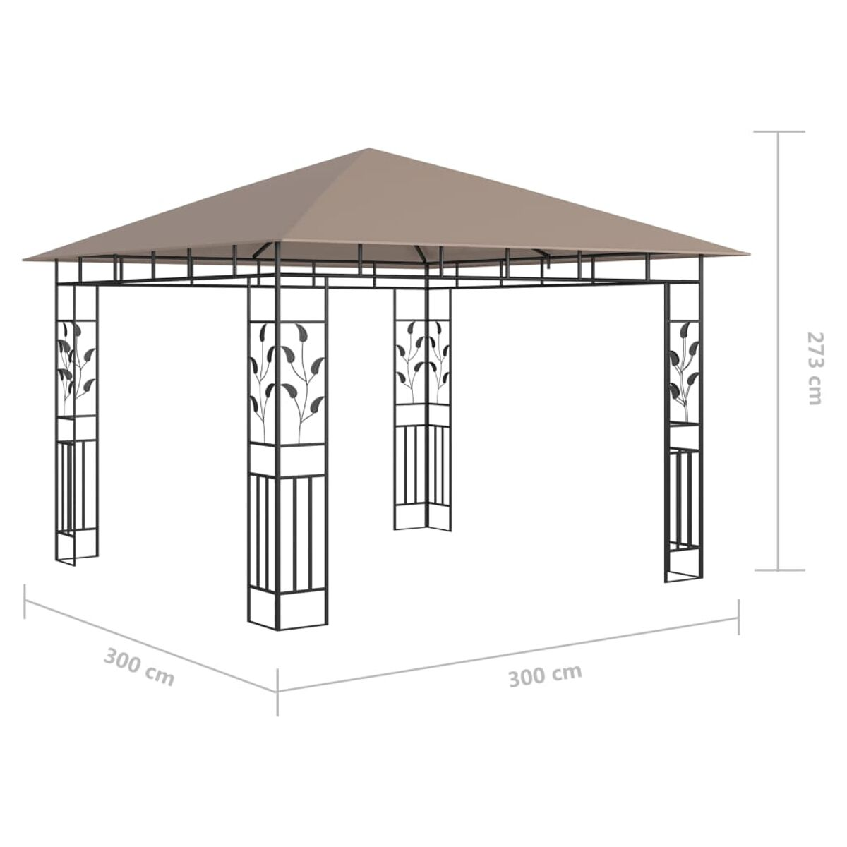 Beiger Pavillon mit braunem Dach, schwarzem Rahmen und Maßen in cm.
