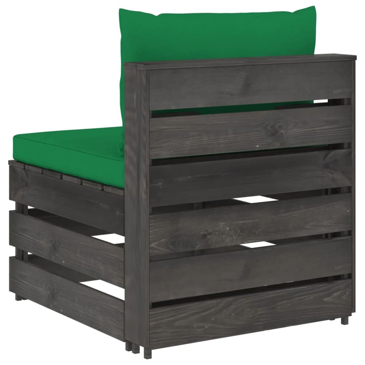 Dunkelgrauer Holz-Outdoorkstuhl mit grünem Kissen und Rückenlehne.