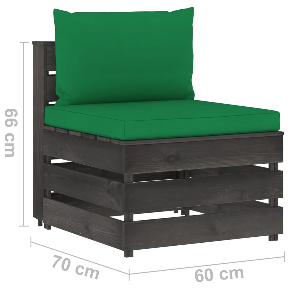 Holzstuhl für draußen. Grünes Kissen. Maße sichtbar. Box-Struktur.