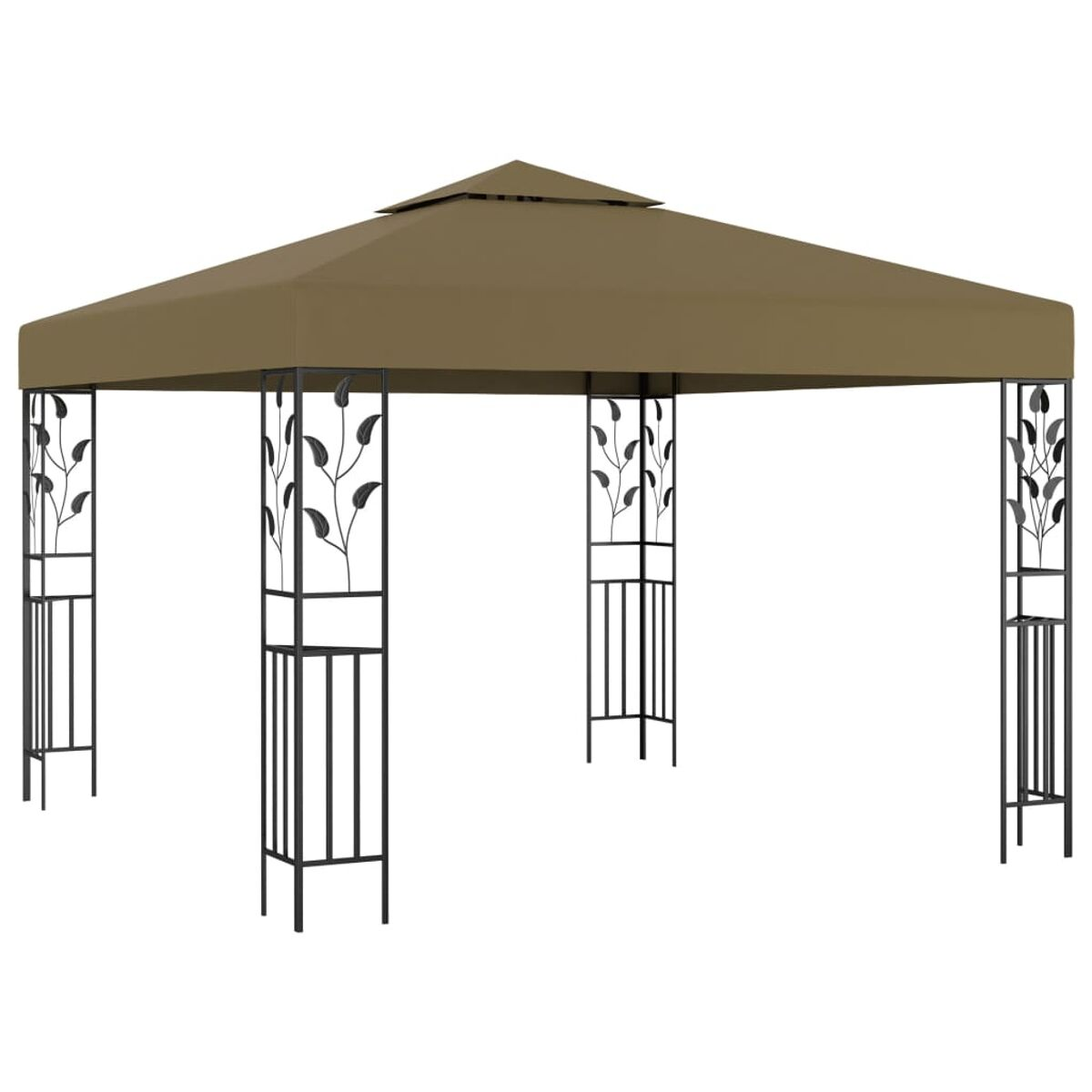 Ein brauner Pavillon mit Spitzdach und verzierten schwarzen Metallstützen wird vor weißem Hintergrund gezeigt.