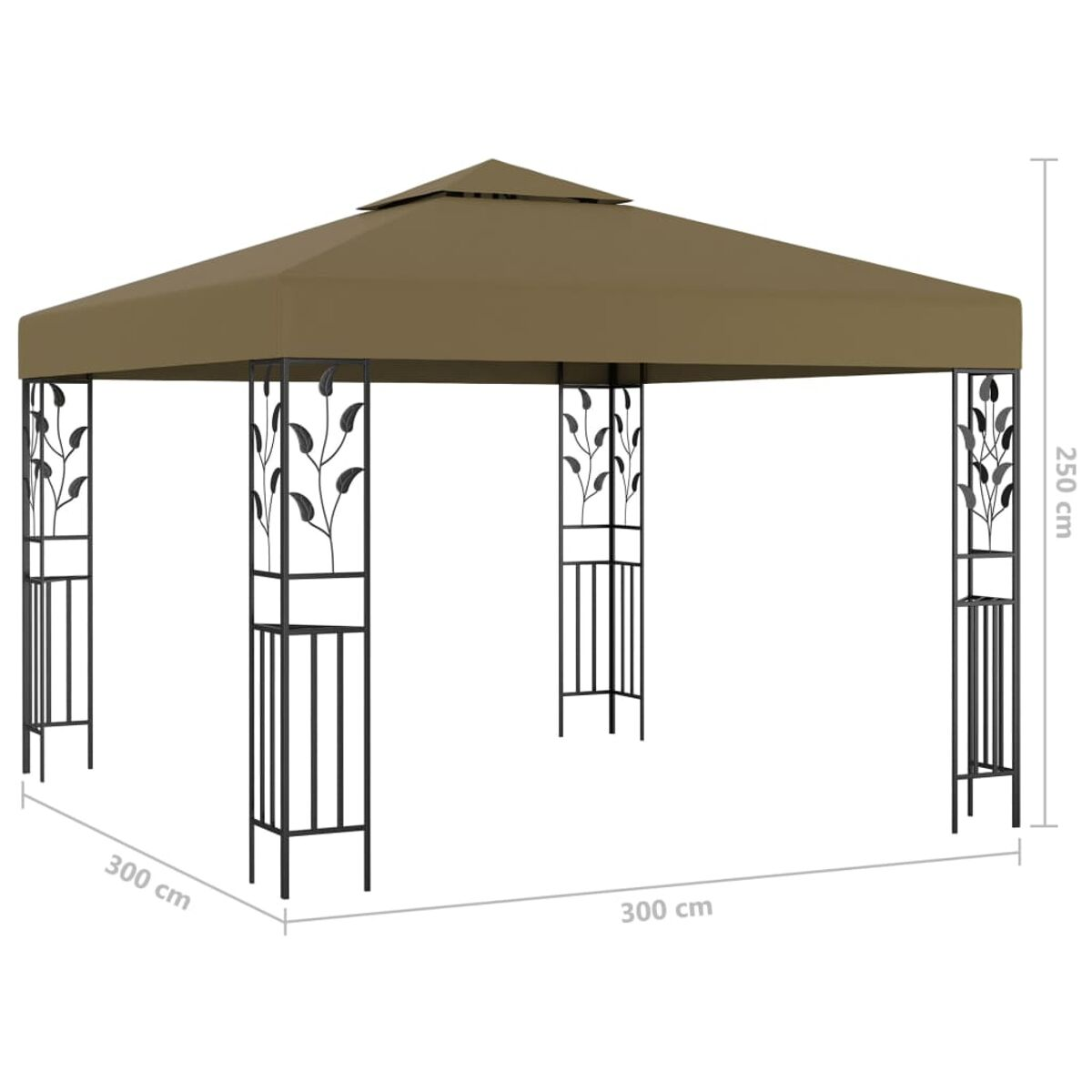 Brauner Pavillon mit schwarzen Säulen. Abmessungen werden angezeigt.