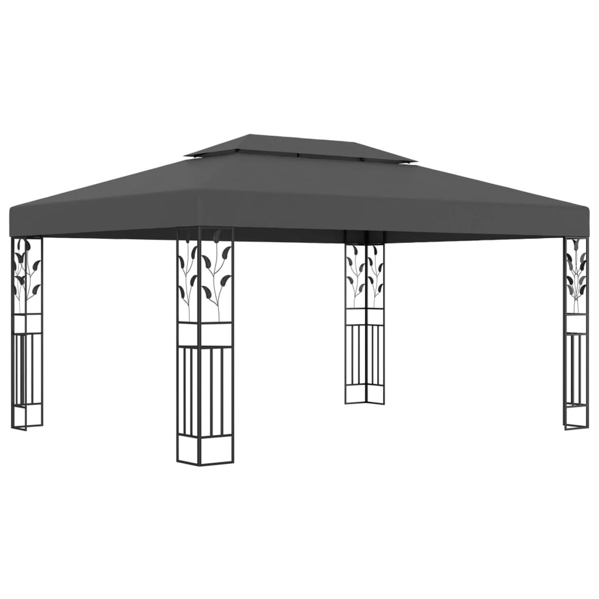 Ein dunkelgrauer Pavillon mit dekorativen Blättern auf den Stützen.