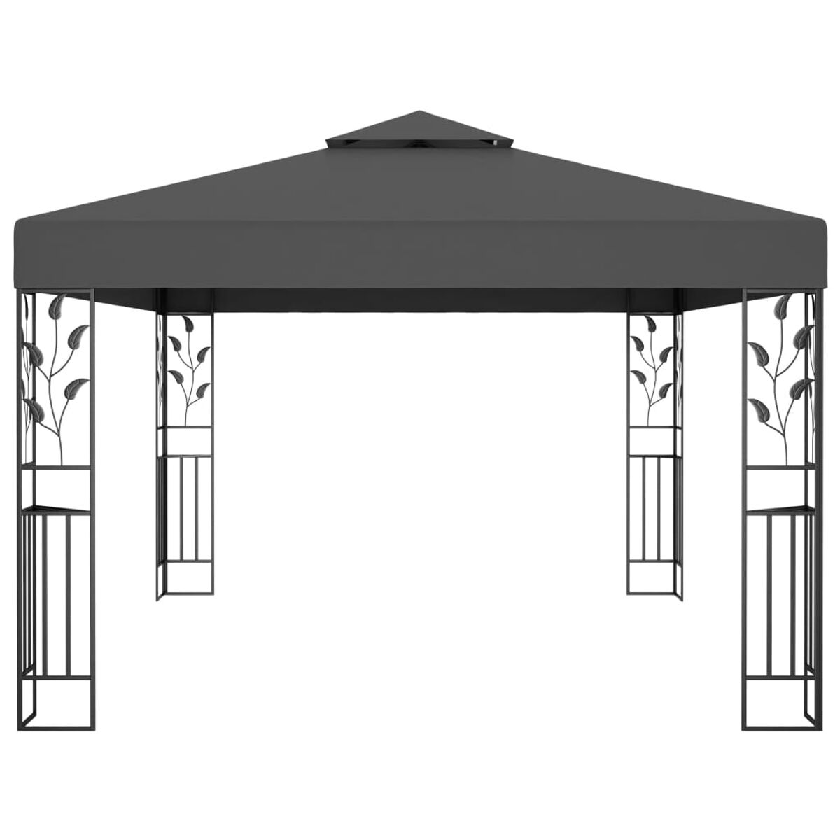 Grauer Pavillon mit dekorativen Blattdetails an den Beinen. Ein dunkelgraues Vordach bedeckt die Oberseite.