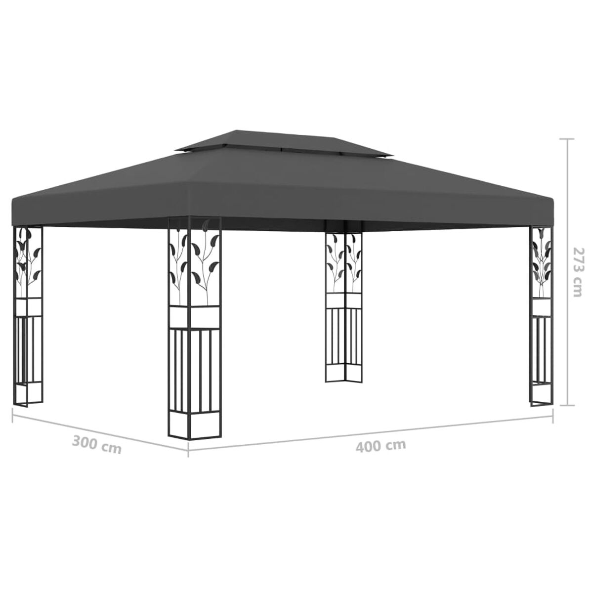 Große graue Pavillonstruktur mit Abmessungen. Zeigt Design und Maße.