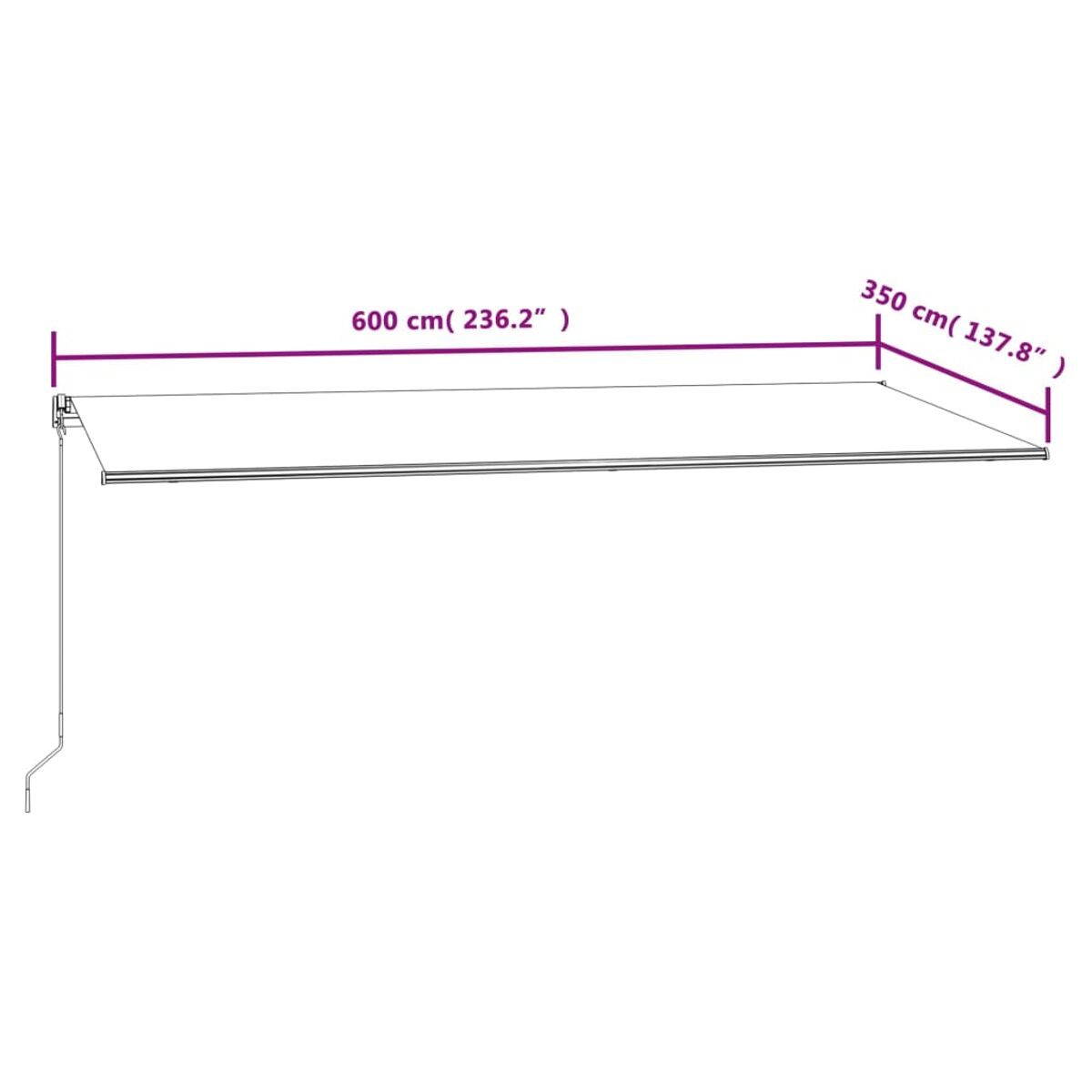 Ausziehbare Markise, Abmessungen: 600 cm x 350 cm. Weißer Hintergrund.