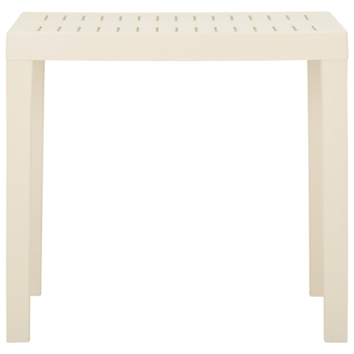 Quadratischer, cremefarbener Tisch. Perforierte Oberseite. Vier Beine. Weißer Hintergrund.
