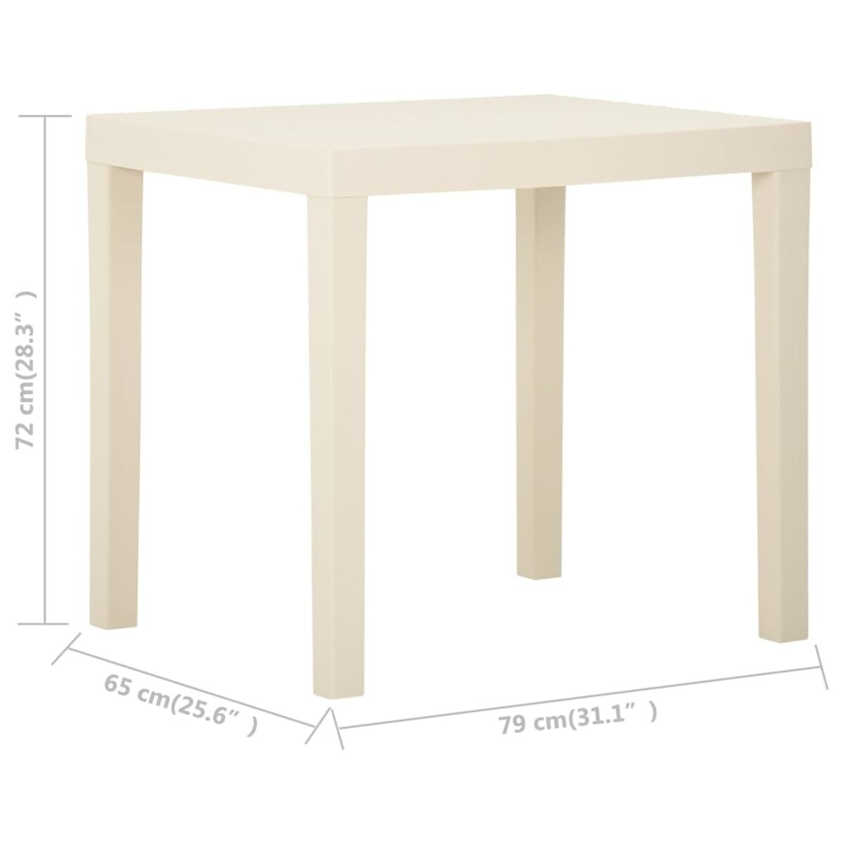 Quadratischer cremefarbener Tisch mit vier Beinen. Abmessungen angegeben. Schlichtes Design.