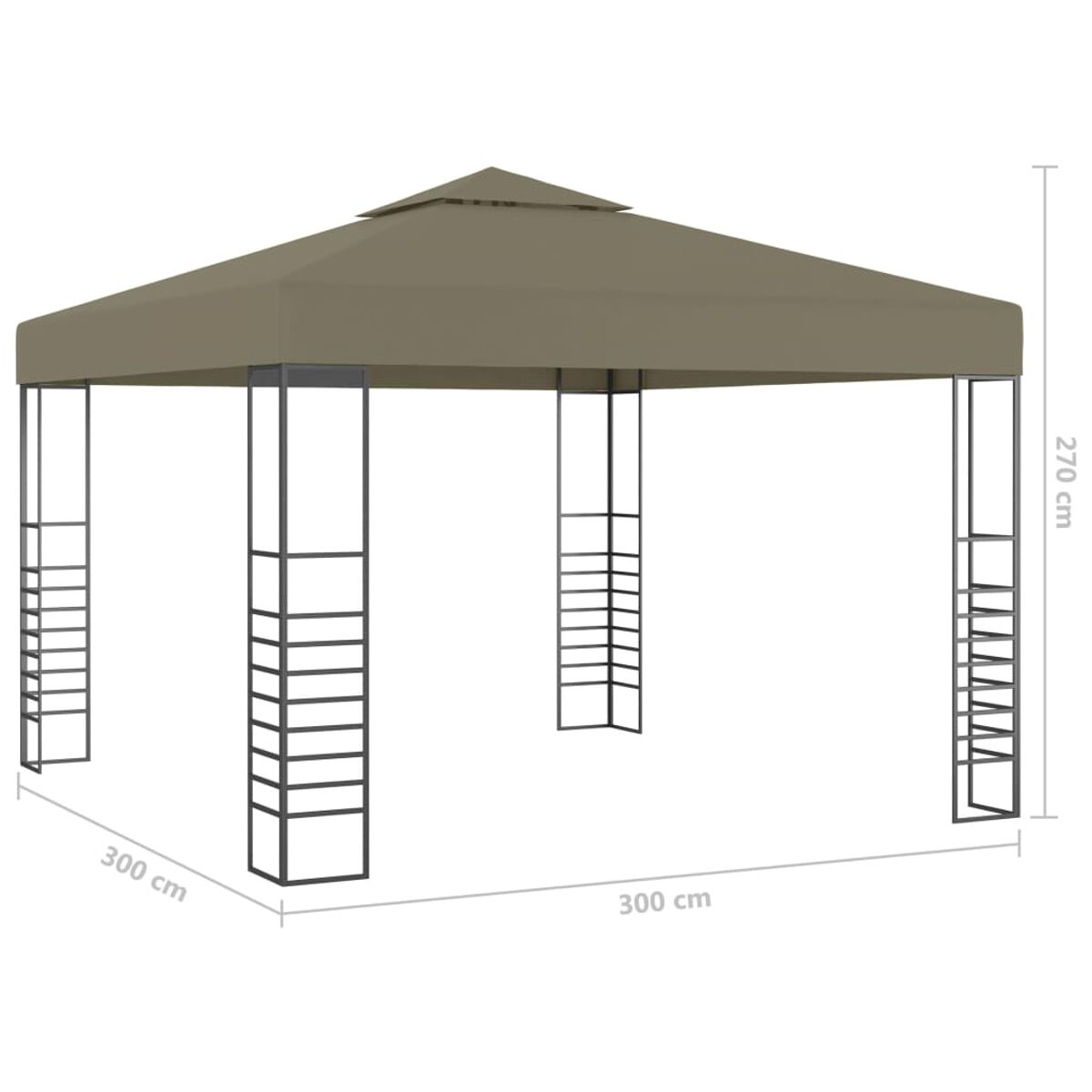 Un gazebo beige con tetto marrone e supporti neri. Le dimensioni sono indicate.