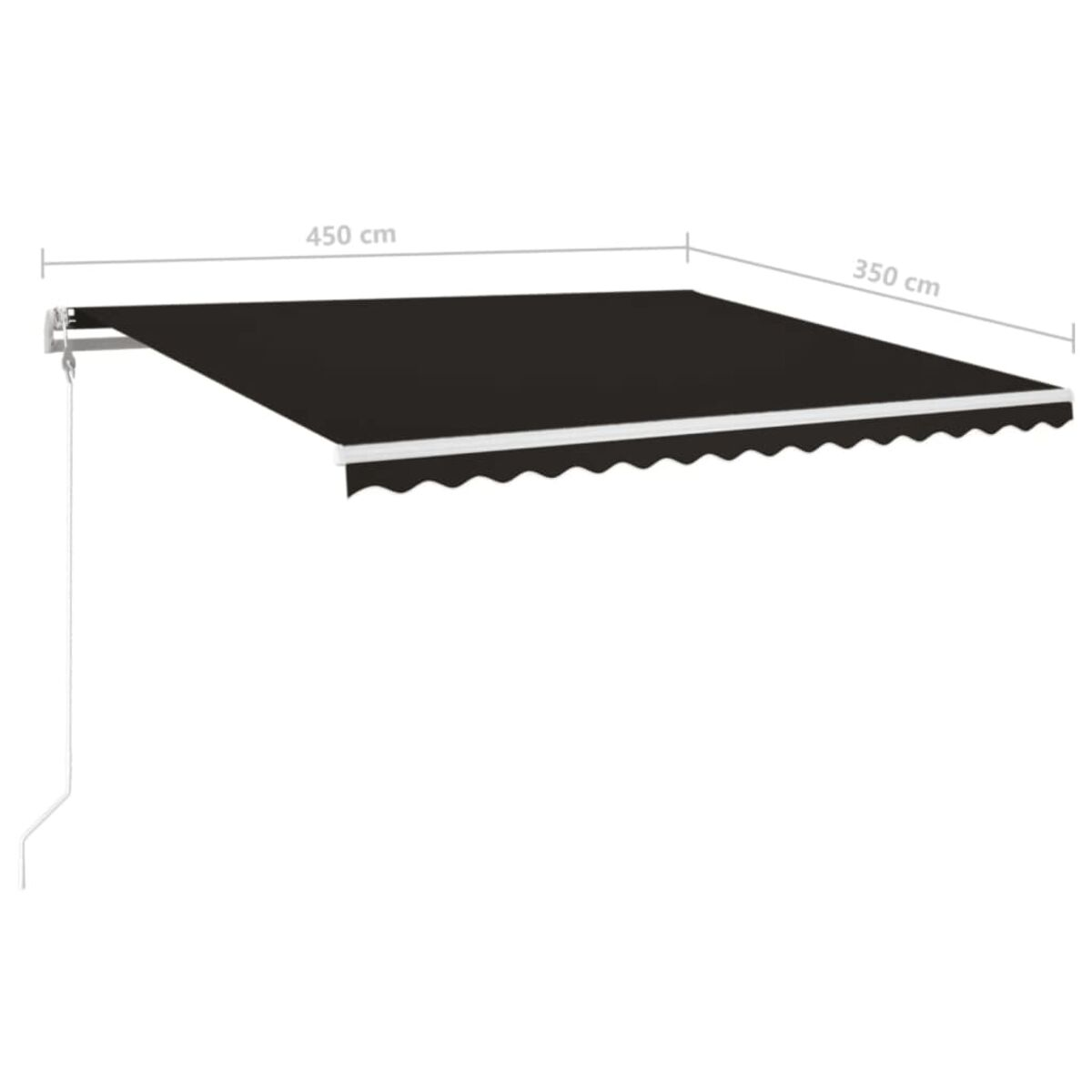 Schwarze Markise ausgefahren. Weißer Besatz. Abmessungen: 450 cm x 350 cm. Weißer Hintergrund.