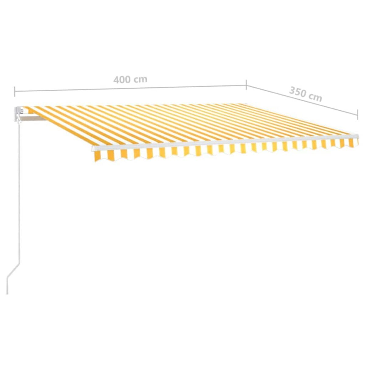 Eine offene gelb-weiß gestreifte Markise, Abmessungen 400x350 cm, installiert.