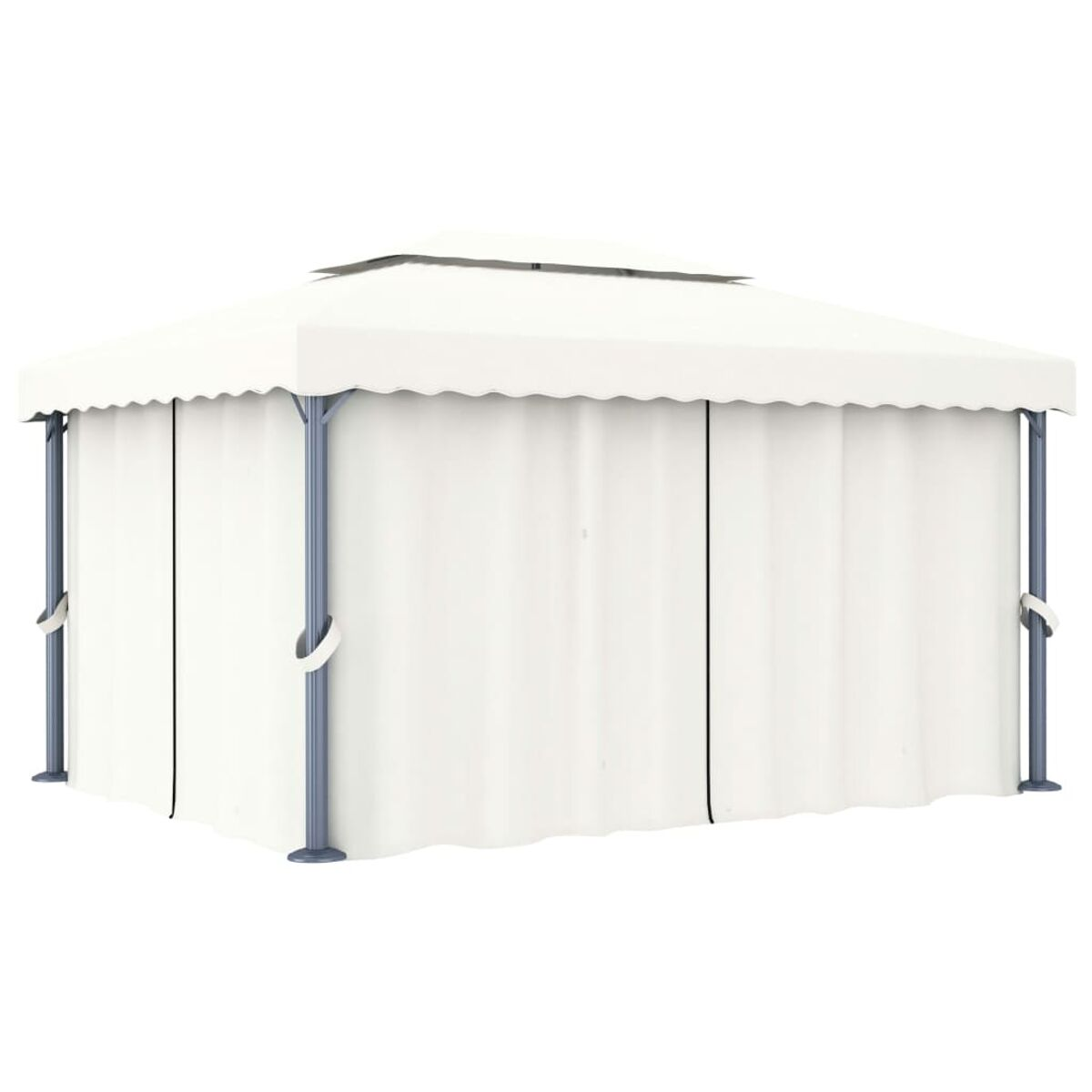 Weißer Pavillon mit weißen Vorhängen. Er hat ein flaches Dach und vier graue Stützpfosten. Isoliert auf weißem Hintergrund.