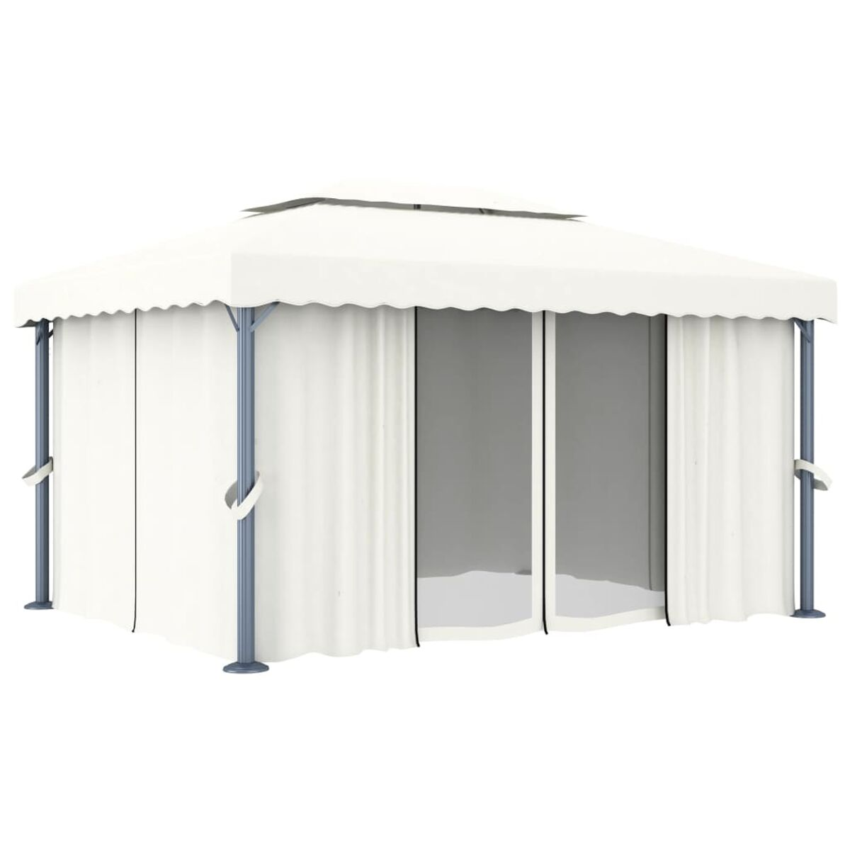 Weißer Pavillon mit Vorhängen und dekorativem Dach. Er hat eine rechteckige Form.