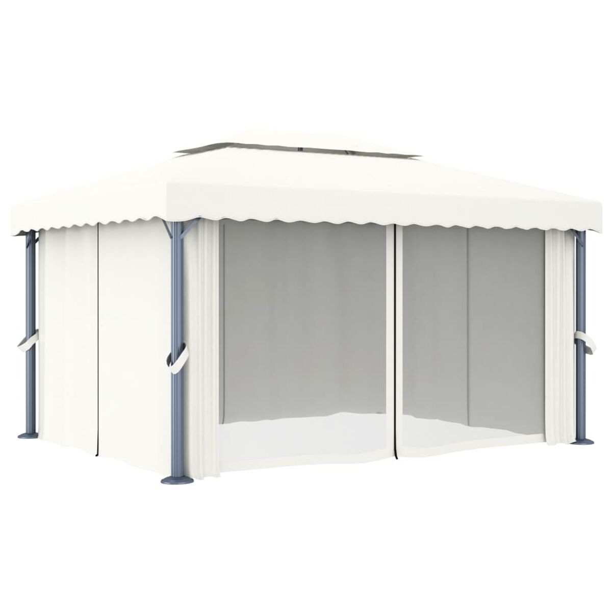Weißer Pavillon mit gewelltem Rand. Er hat graue Vorhänge und ein weißes Dach.