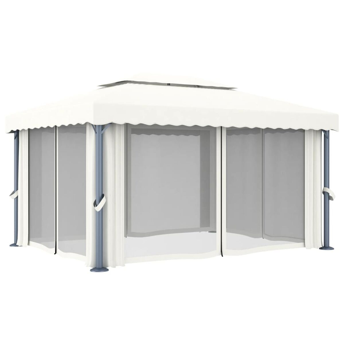 Weißer Pavillon mit Vorhängen und zeltartigem Dach, auf weißem Hintergrund.