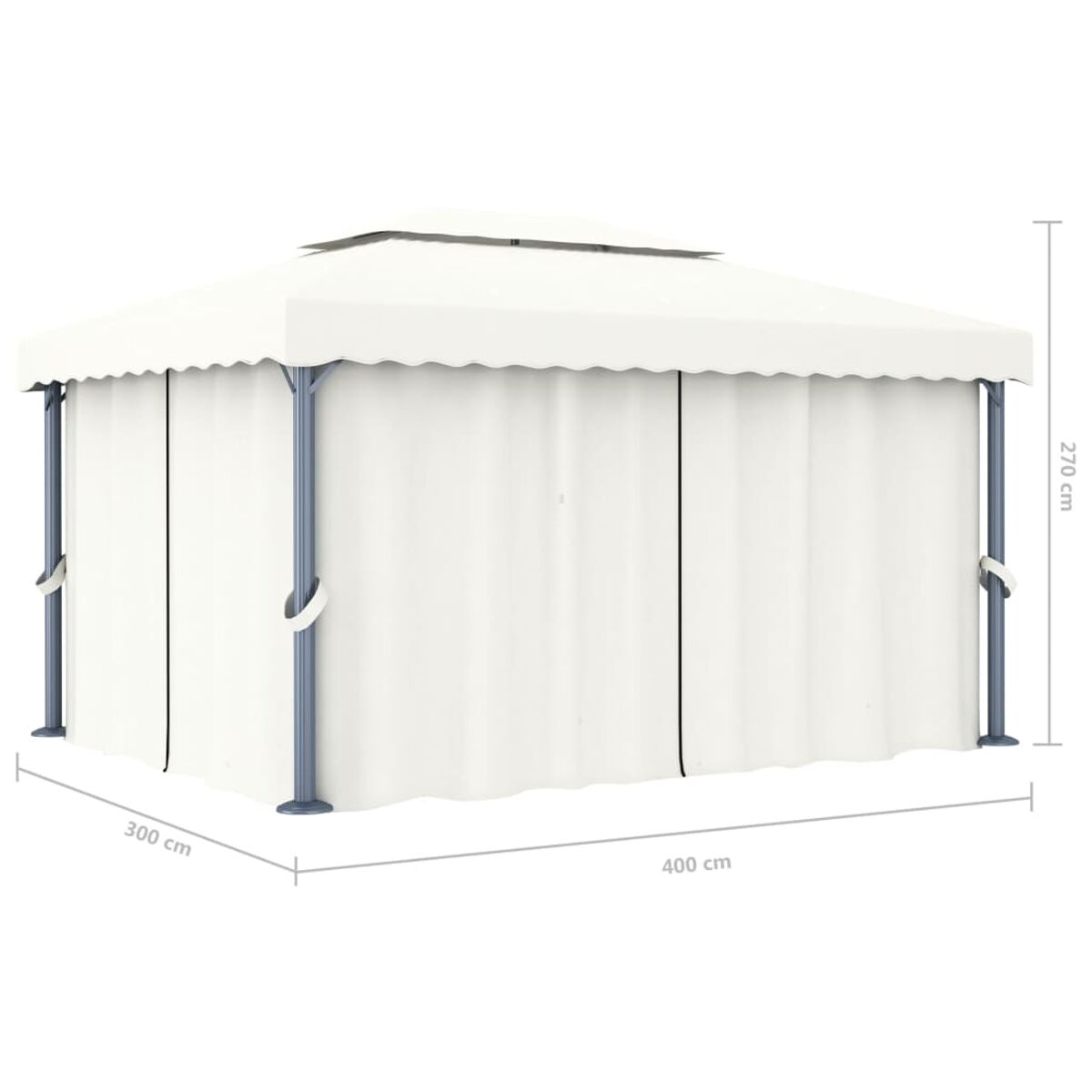 Weisser Pavillon, Maße: 300x400x270cm. Rechteckig mit Vorhängen und Dach.