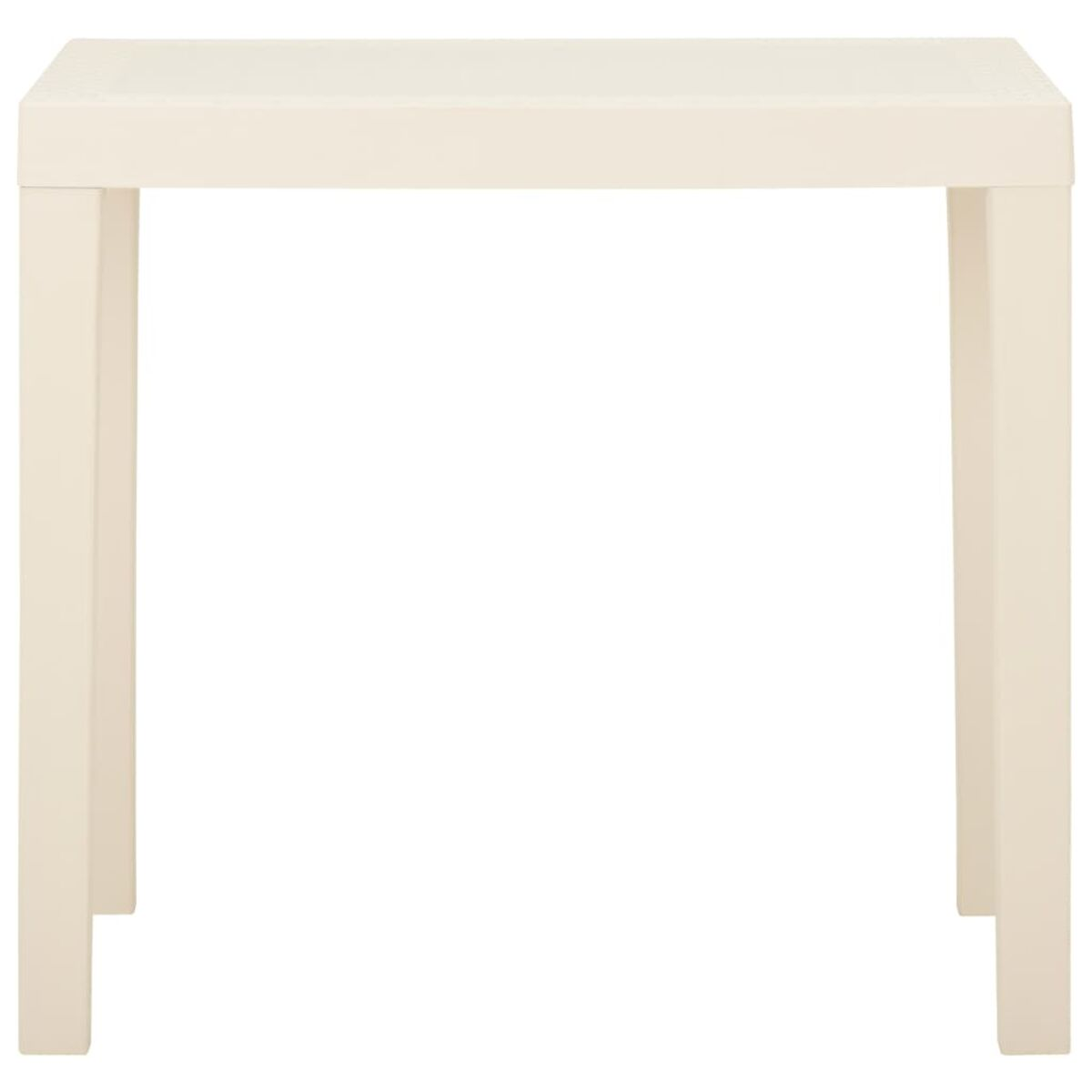 Elfenbeinfarbener quadratischer Tisch mit vier Beinen. Einfaches, sauberes Design. Weißer Hintergrund.