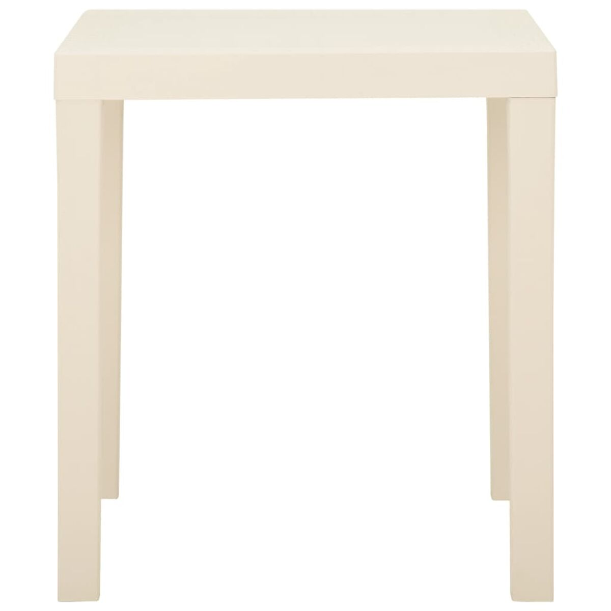 Ein weißer quadratischer Tisch auf weißem Hintergrund. Der Tisch hat ein minimalistisches Design.