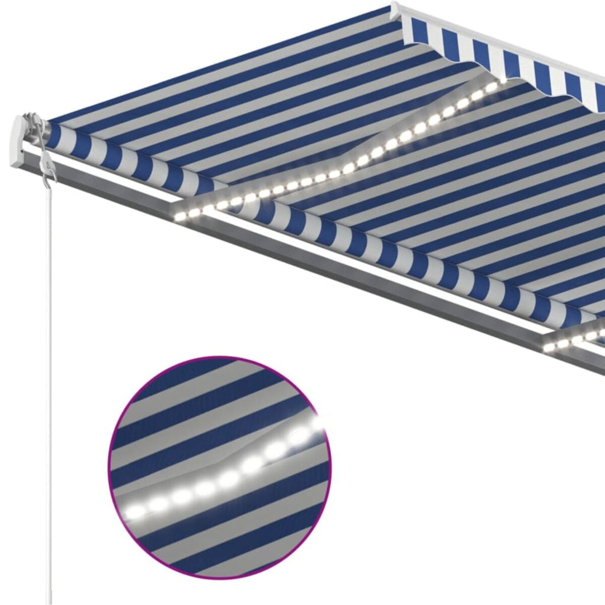 Blau-weiß gestreifte Markise mit LED-Leuchten und Nahaufnahme der Lichter.