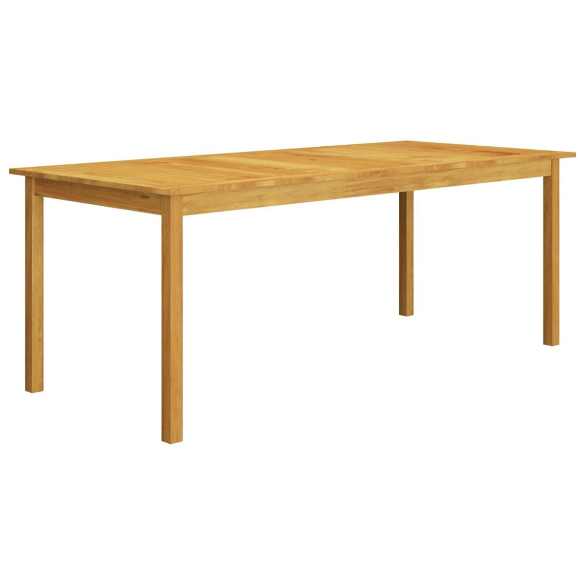 Holztisch für den Außenbereich mit schlichtem Design. Tisch hat vier Beine und eine flache Oberseite.