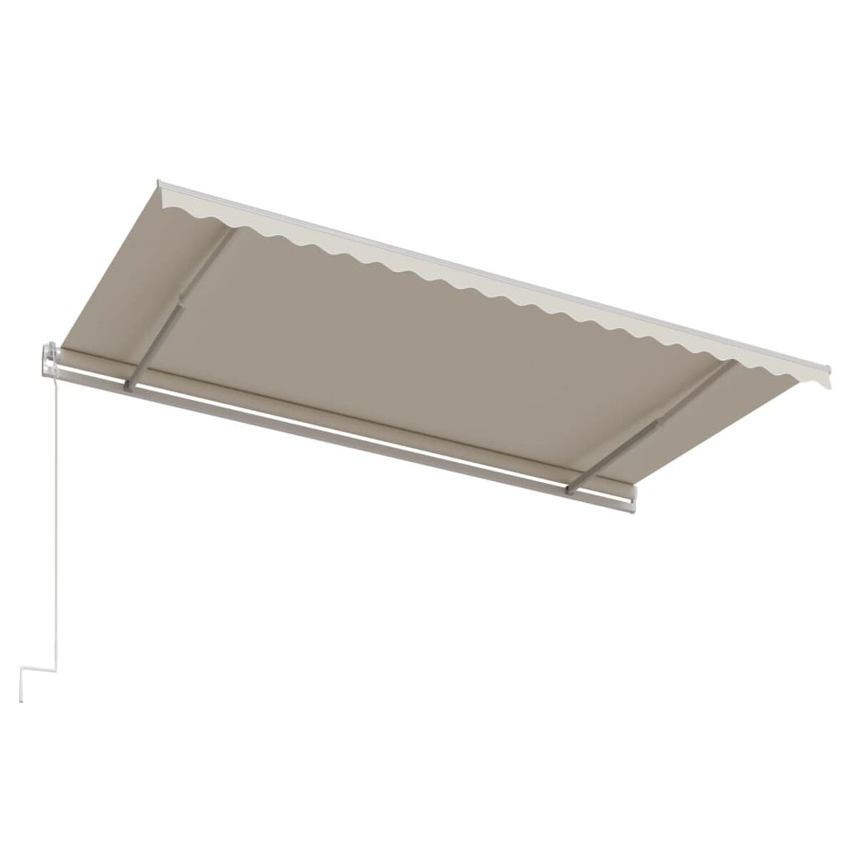 Beige Markise, ausgefahren. Weißer Hintergrund. Gewellter Rand. Abmessungen beschriftet.