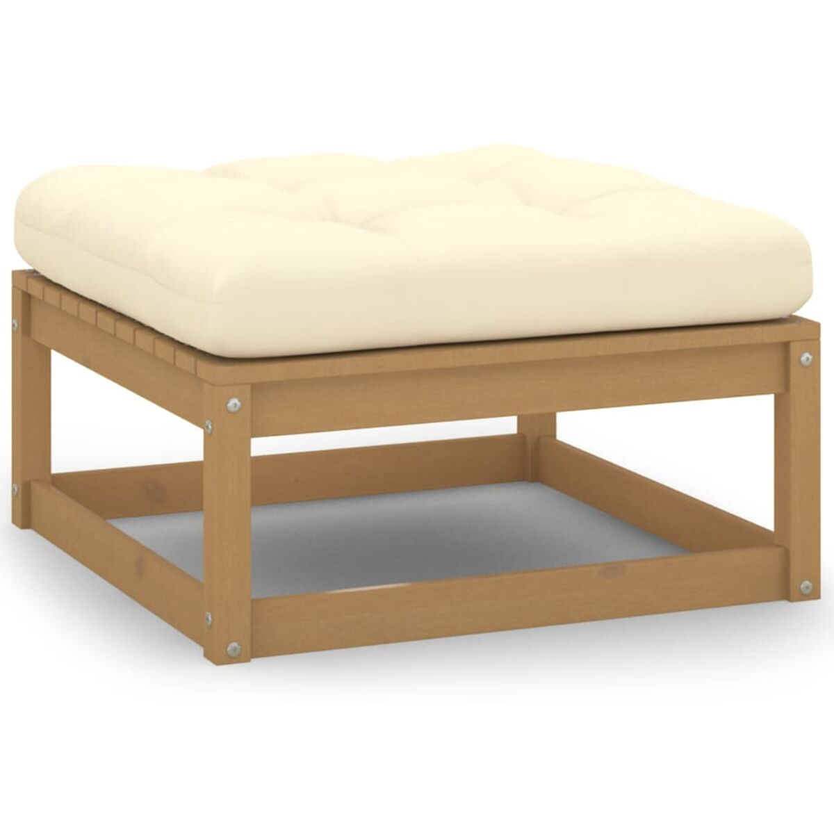Quadratische Holz-Ottomane mit cremefarbenem Kissen. Sie steht auf einem hellen Holzrahmen.