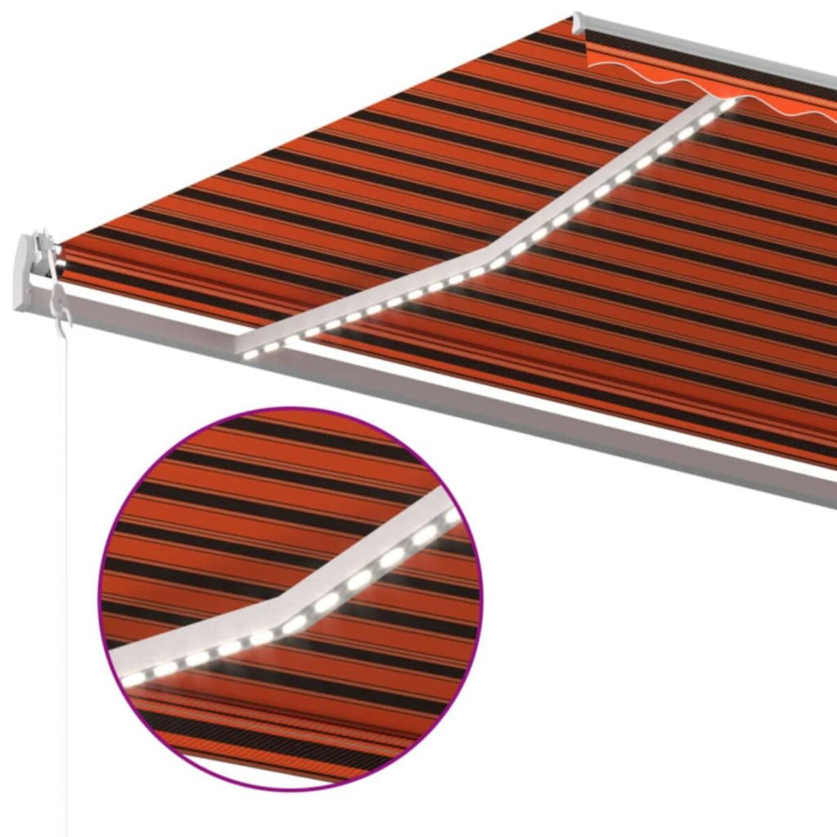 Orange-schwarz gestreifte Markise mit LED-Leuchten.