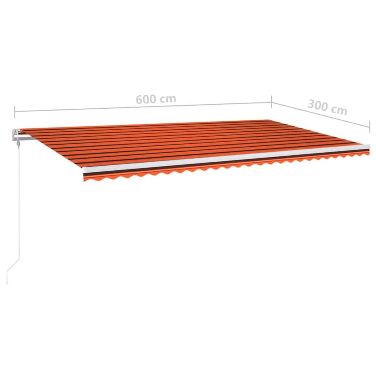 Orange-schwarz gestreifte Markise mit den angegebenen Abmessungen: 600 cm x 300 cm.