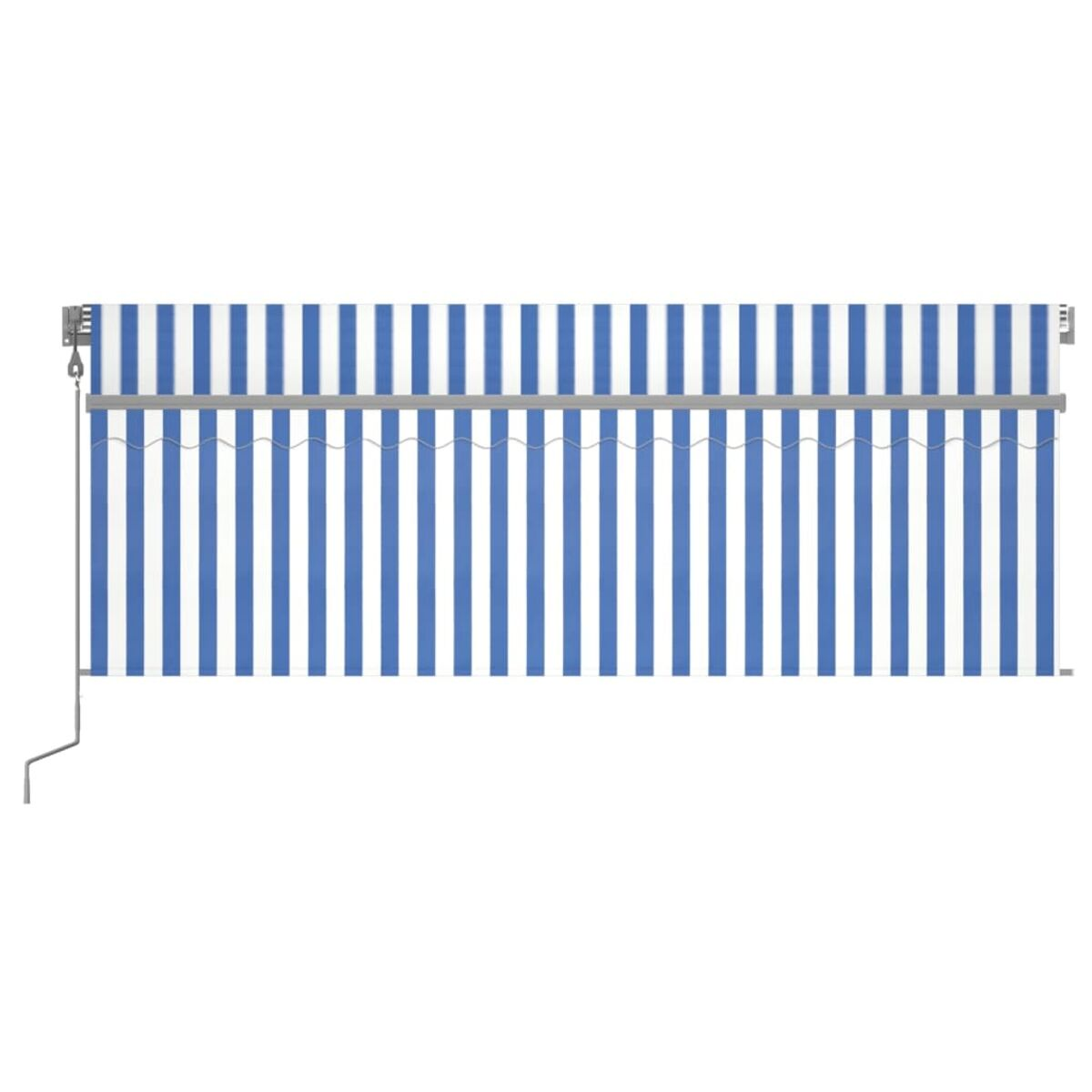 Blau-weiß gestreifte Markise, weißes Gestell. Stoff ist gestreift, weißer Hintergrund.