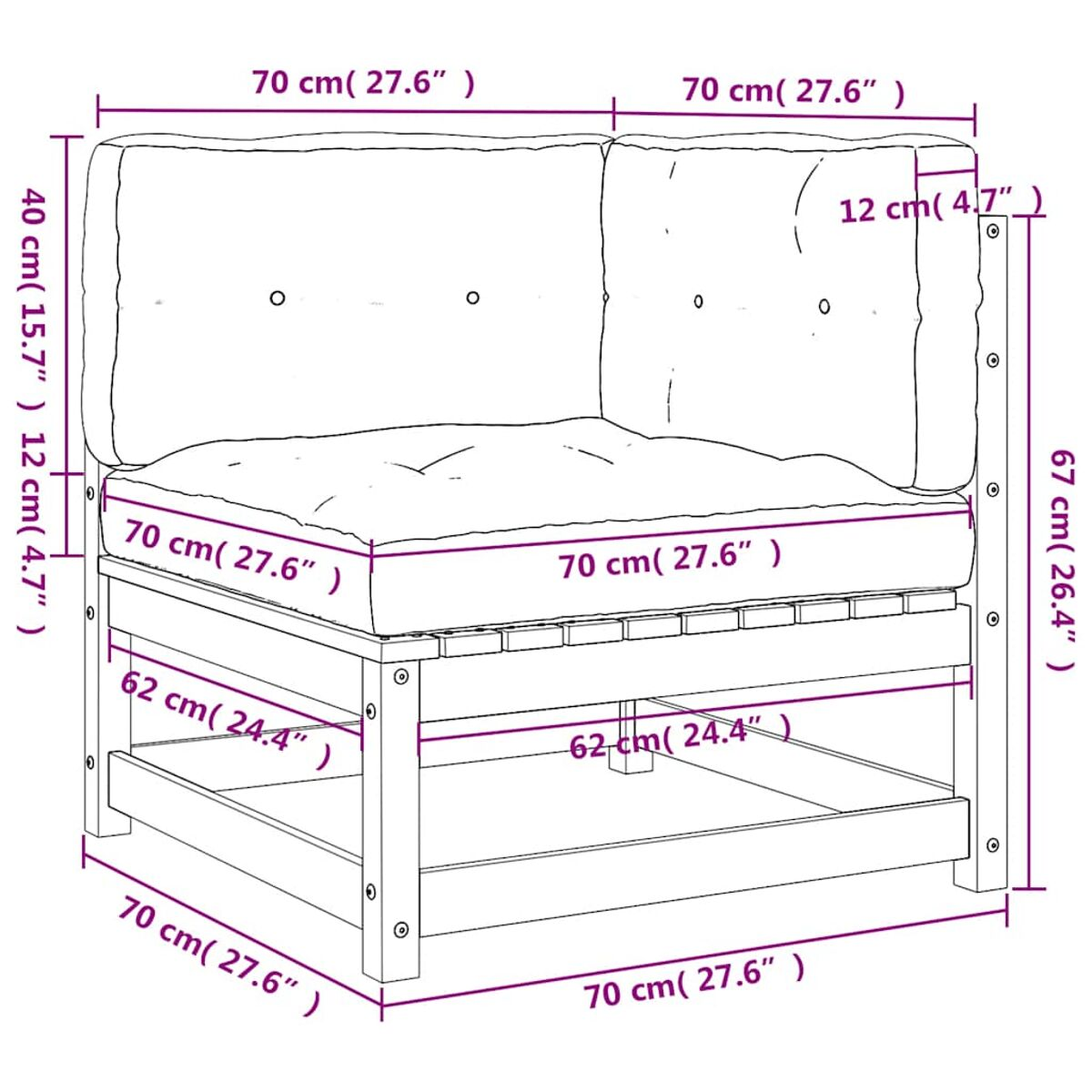 L-förmiges Ecksofa aus Holz. Maße: 70x70x70 cm. Weiße Kissen.