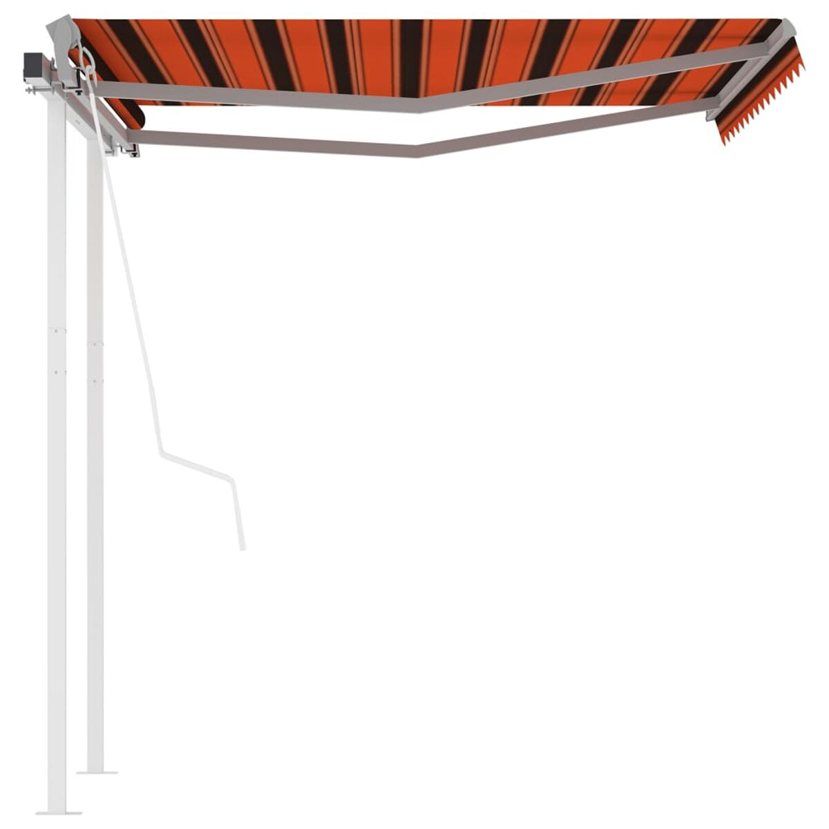 Markise mit orangefarbenen und schwarzen Streifen, weißem Rahmen, auf weißem Hintergrund.