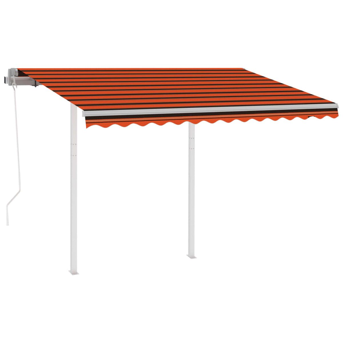 Orange-schwarz gestreifte Markise mit weißen Stützsäulen. Weißer Hintergrund.
