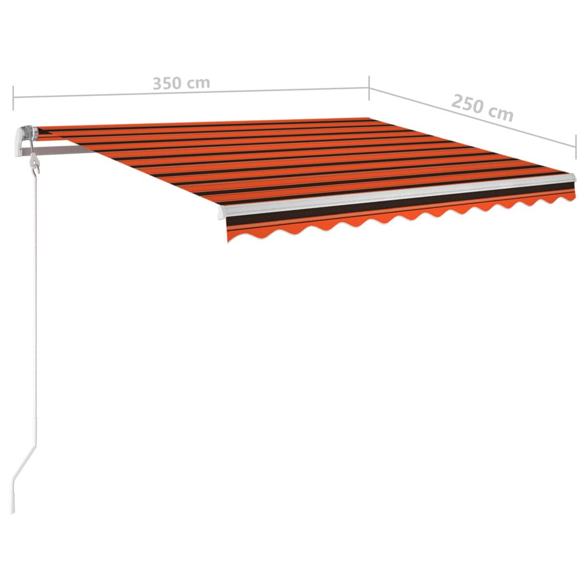 Orange und schwarz gestreifte Markise, Maße 350x250 cm. Weißer Hintergrund.