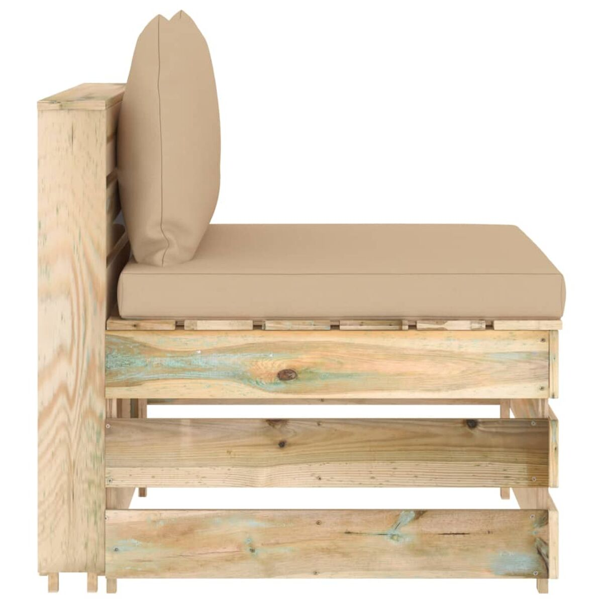 Holzpalettensofa mit beigem Kissen und Kissen. Die Seitenansicht zeigt die Holzstruktur.