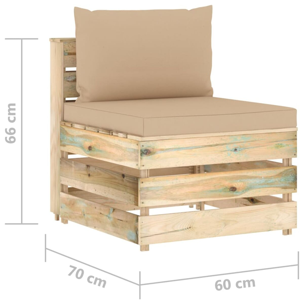 Holzpalettenstuhl mit beigem Kissen. Maße: 70x60 cm Basis, 66 cm Höhe.
