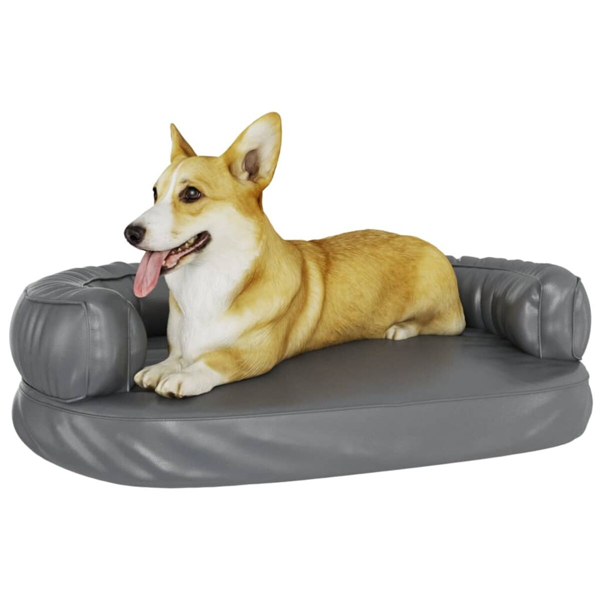 Corgi-Hund liegt auf einem grauen Hundebett, Kopf auf der Armlehne.