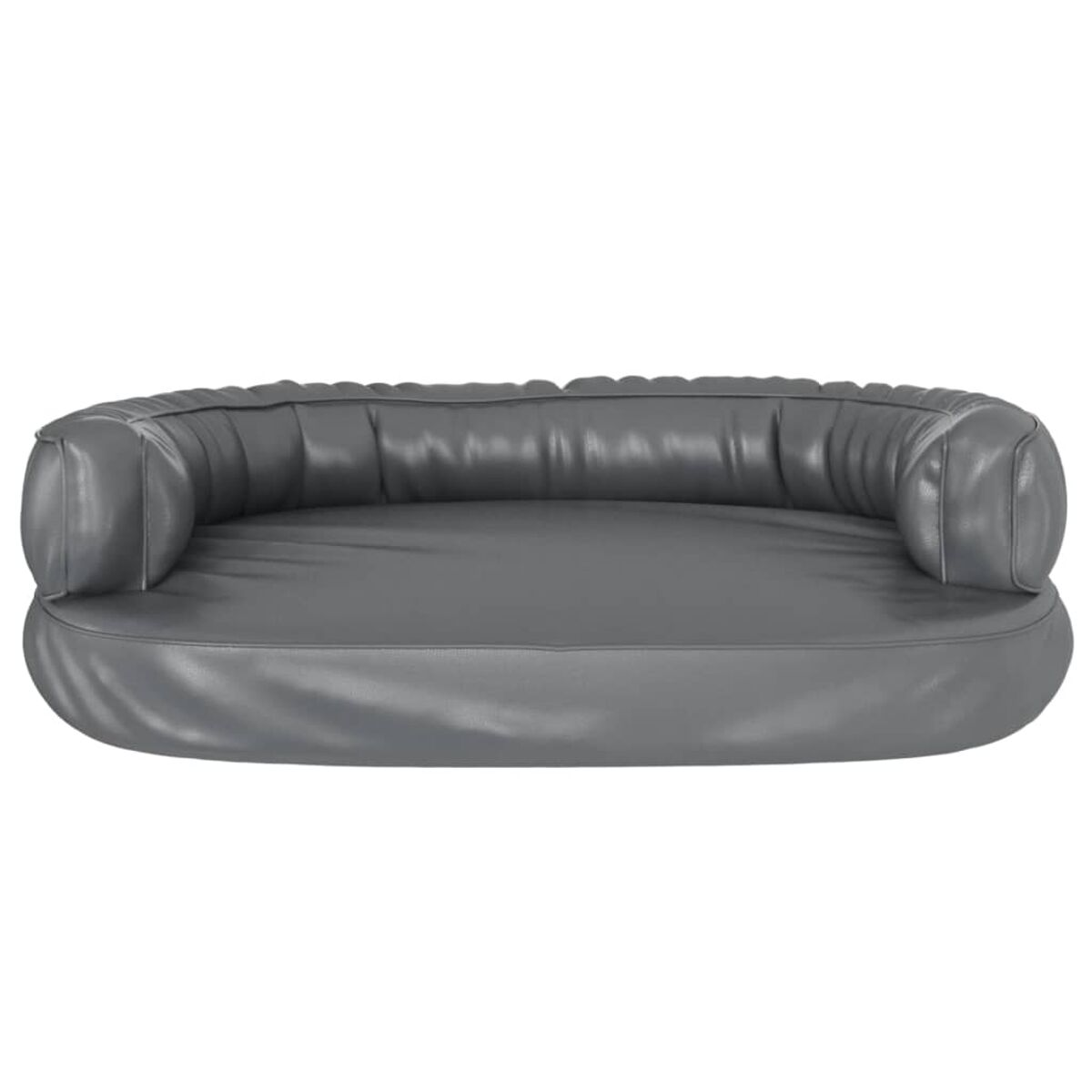 Graues Leder-Hundebett. Ovale Form mit erhöhtem Rücken und Seiten. Einfache Oberfläche.